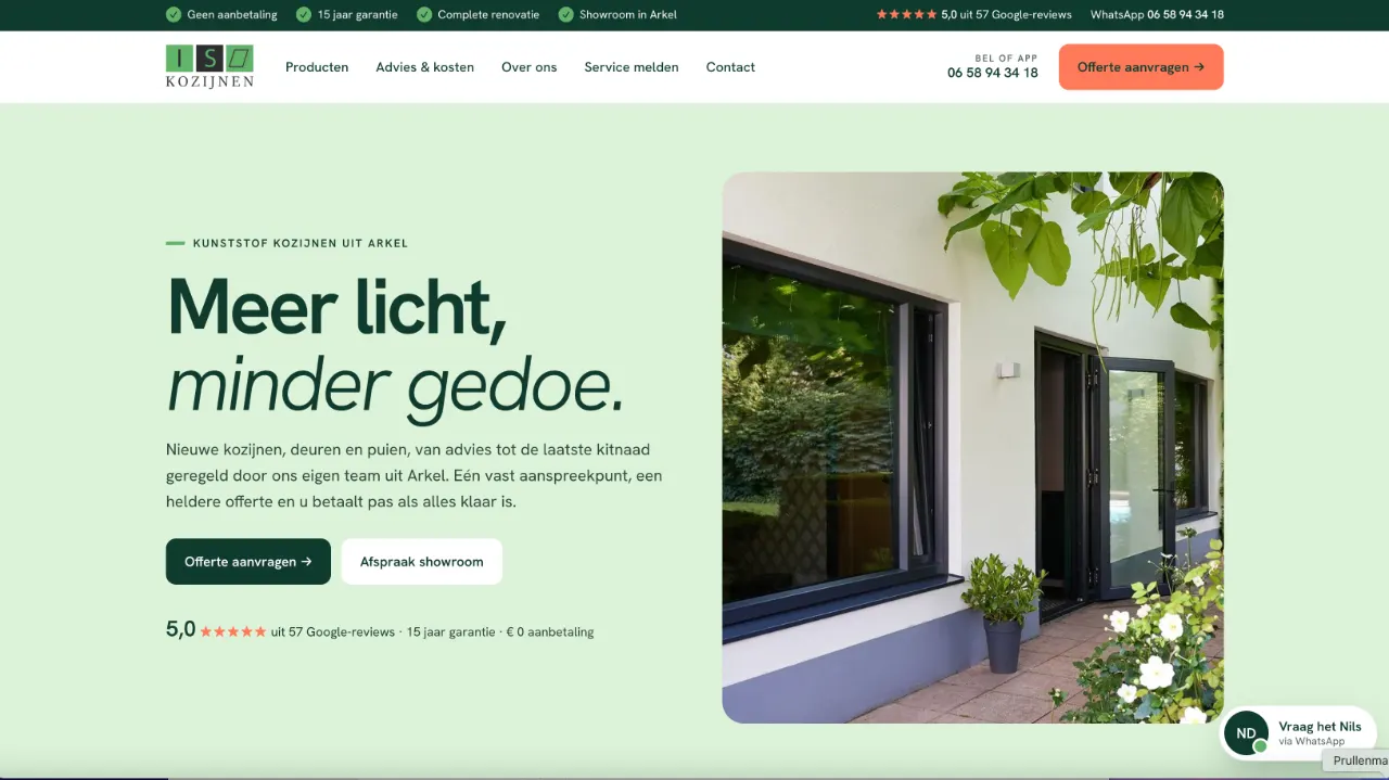 Voorbeeld van een preview: website van een kozijnenbedrijf
